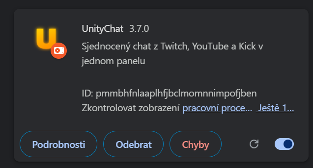 UnityChat extension card v chrome://extensions s reload tlačítkem